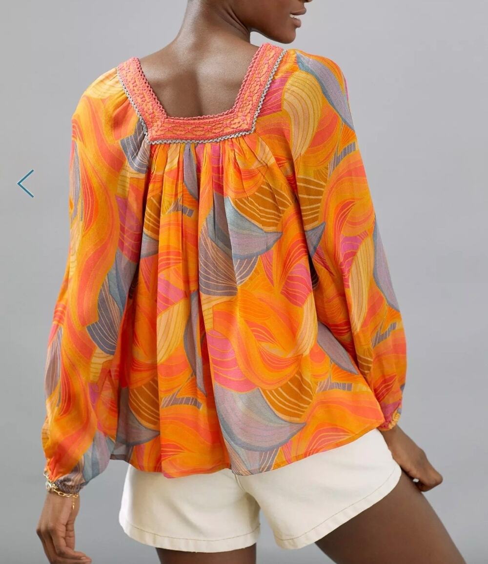 Anthropologie Blank Tessa Embroidered Square Neck Lined Blouse,Size M
